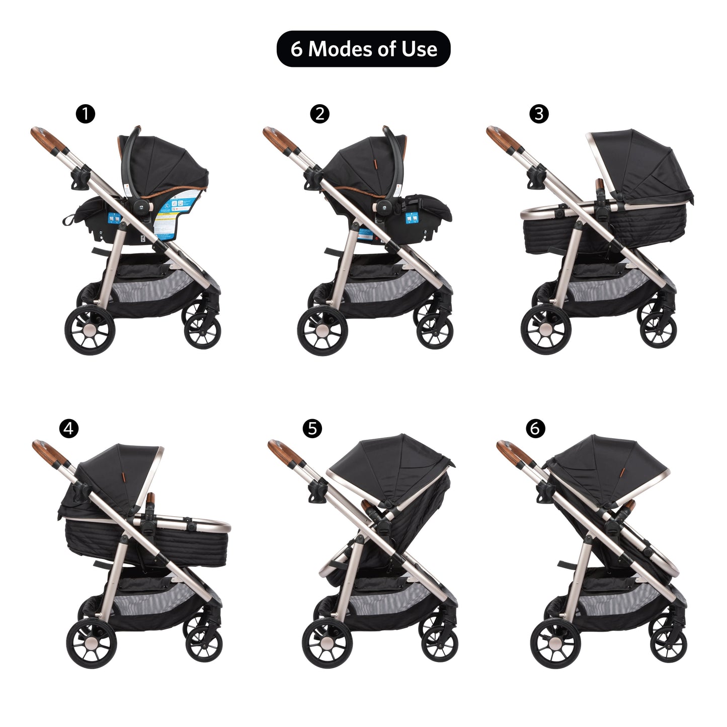 6-in-1 Modular Travel System for Infants and Toddlers in Black and Gold, Unisex Design