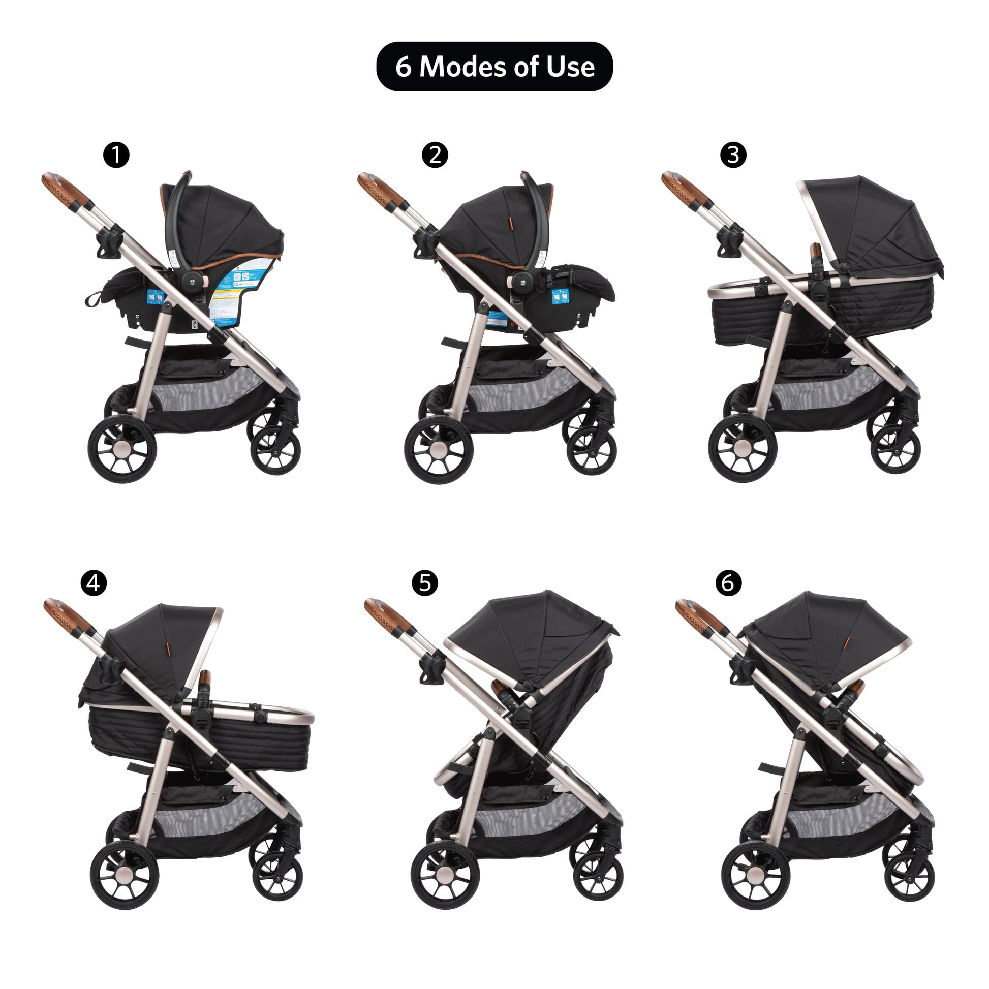 6-in-1 Modular Travel System for Infants and Toddlers in Black and Gold, Unisex Design