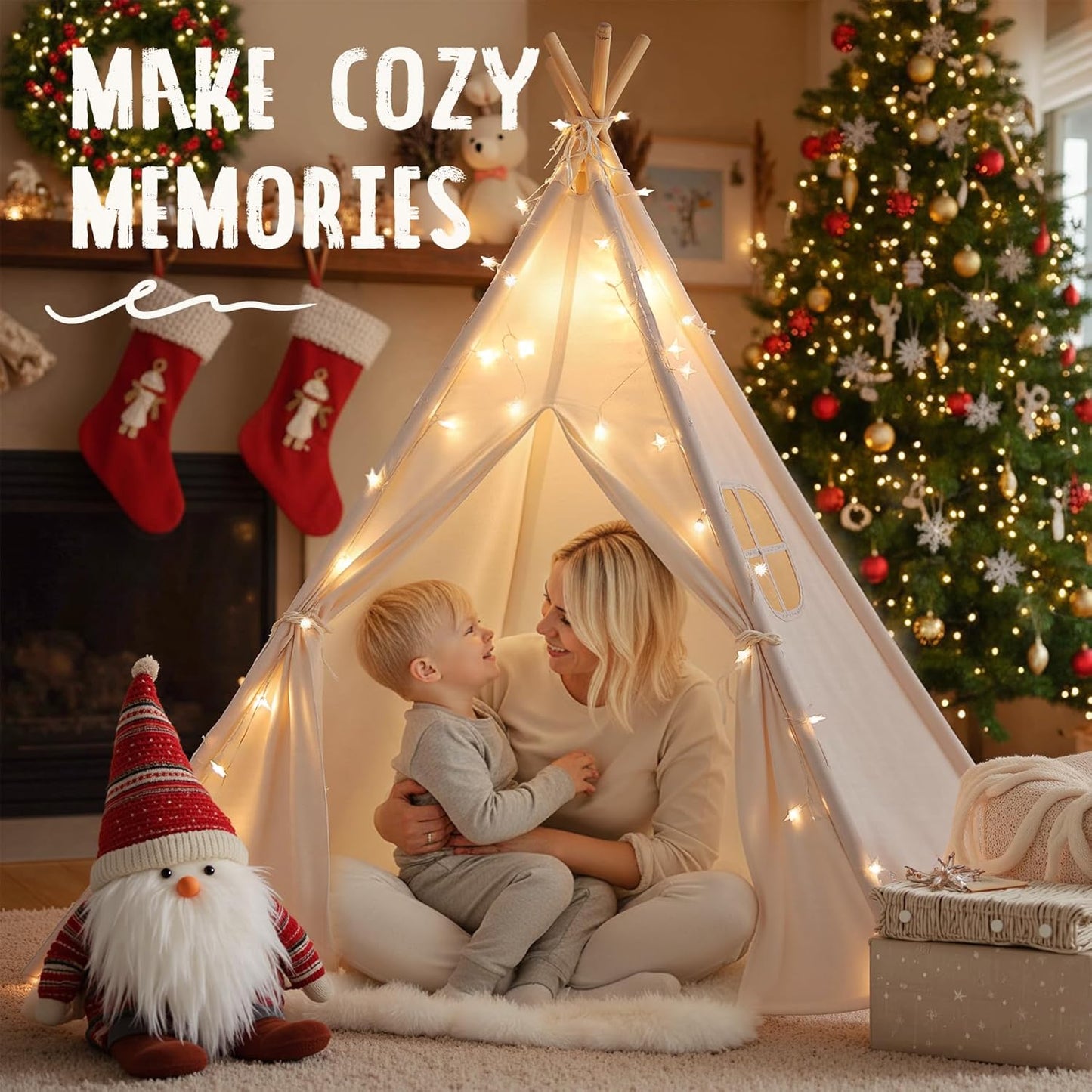 Indoor Teepee Tent for Children - Washable Toddler Playhouse with Lights for Sleepovers - Foldable Gift for Boys and Girls