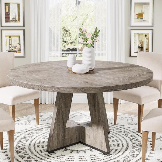 round Dining Table for 4, Grey Kitchen Table 47 Inch Farmhouse Wood Kitchen Dinning Table for Kitchen Living Room