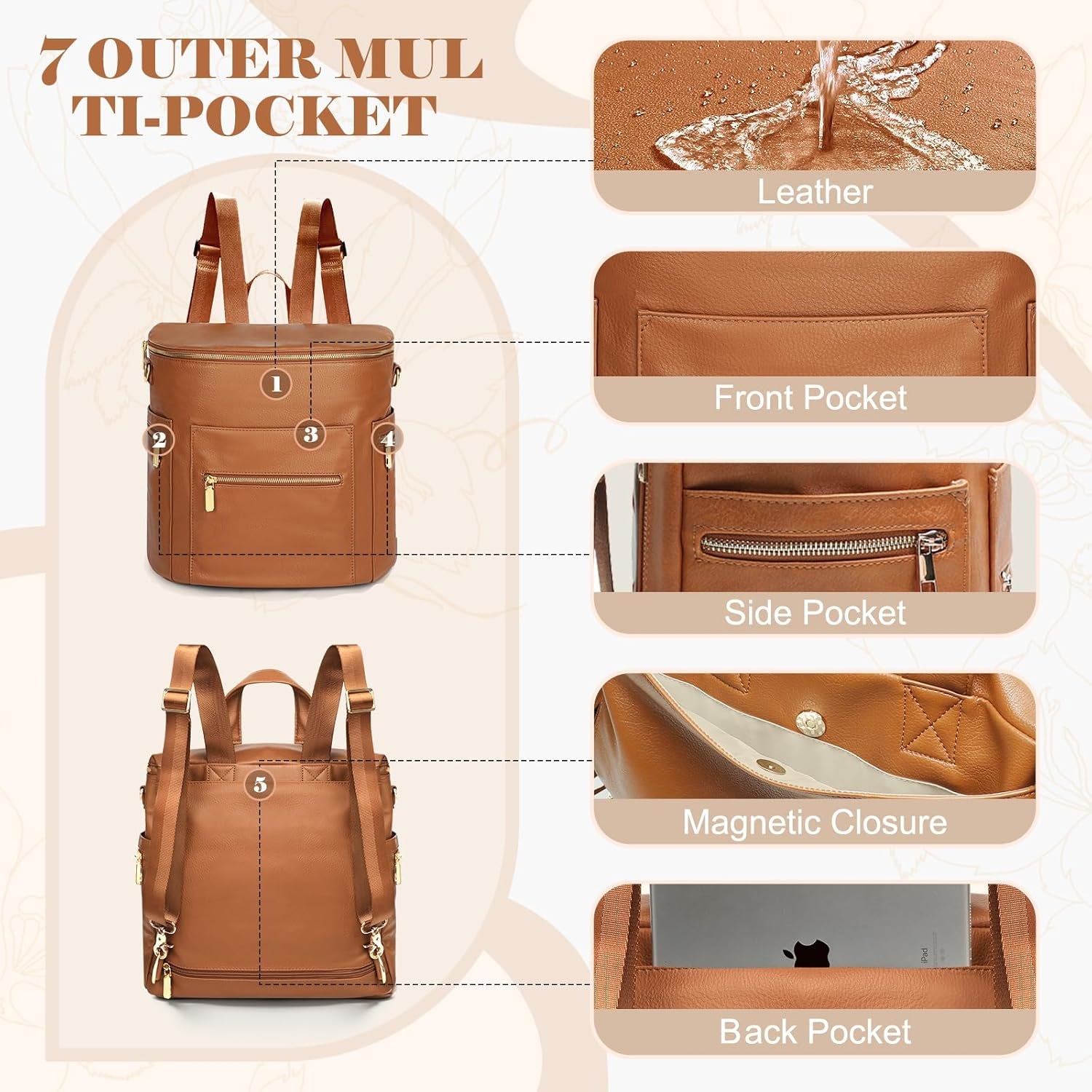 Luxury Leather Diaper Bag Backpack with Changing Pad, Stroller Straps, and Insulated Pockets - Convertible Design in Brown