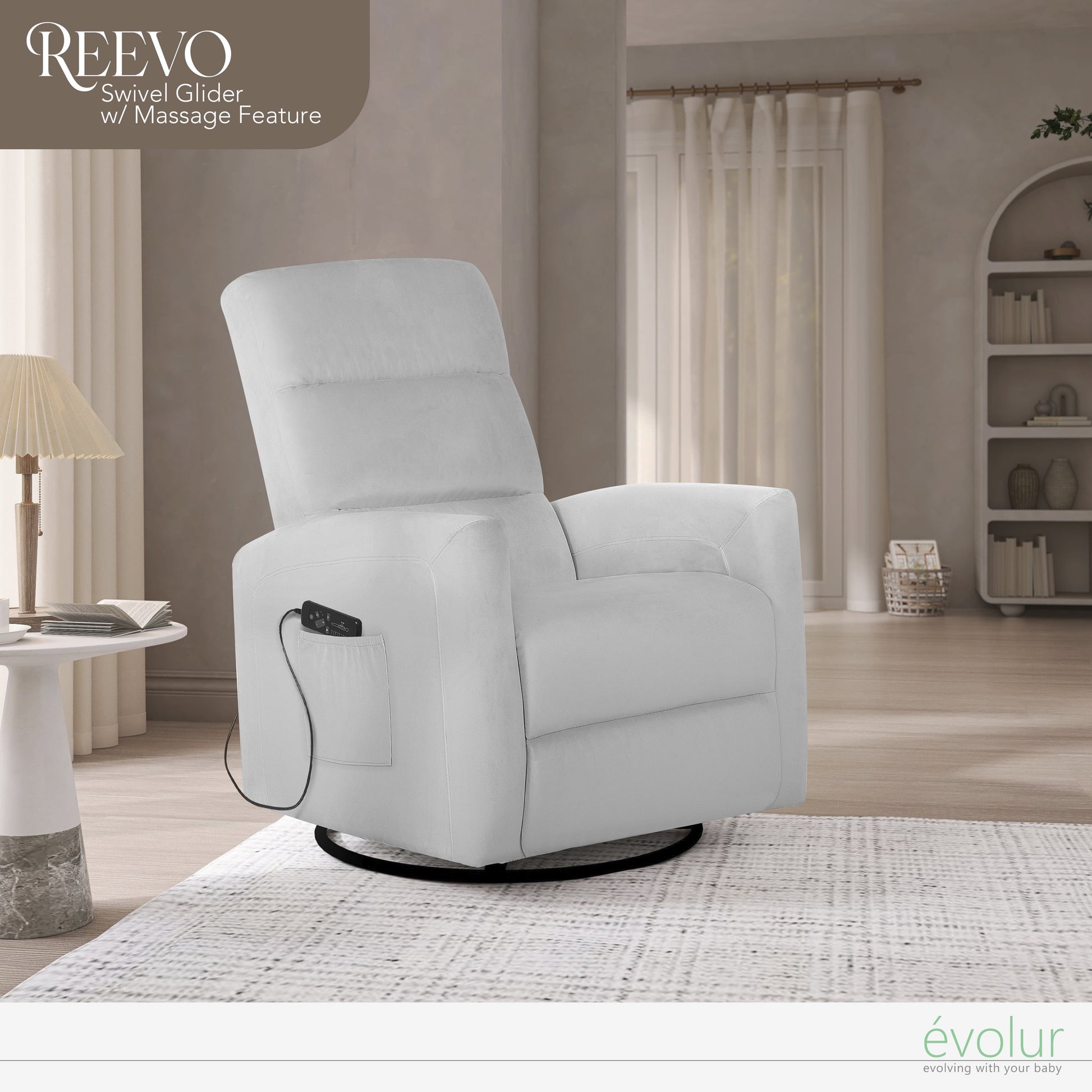 Reevo Upholstered Faux Leather Glider Chair with Swivel, Rocker, and Massage Features for Modern Nurseries - Misty Grey, Tool-Free Assembly, Easy to Clean, Eco-Friendly Design