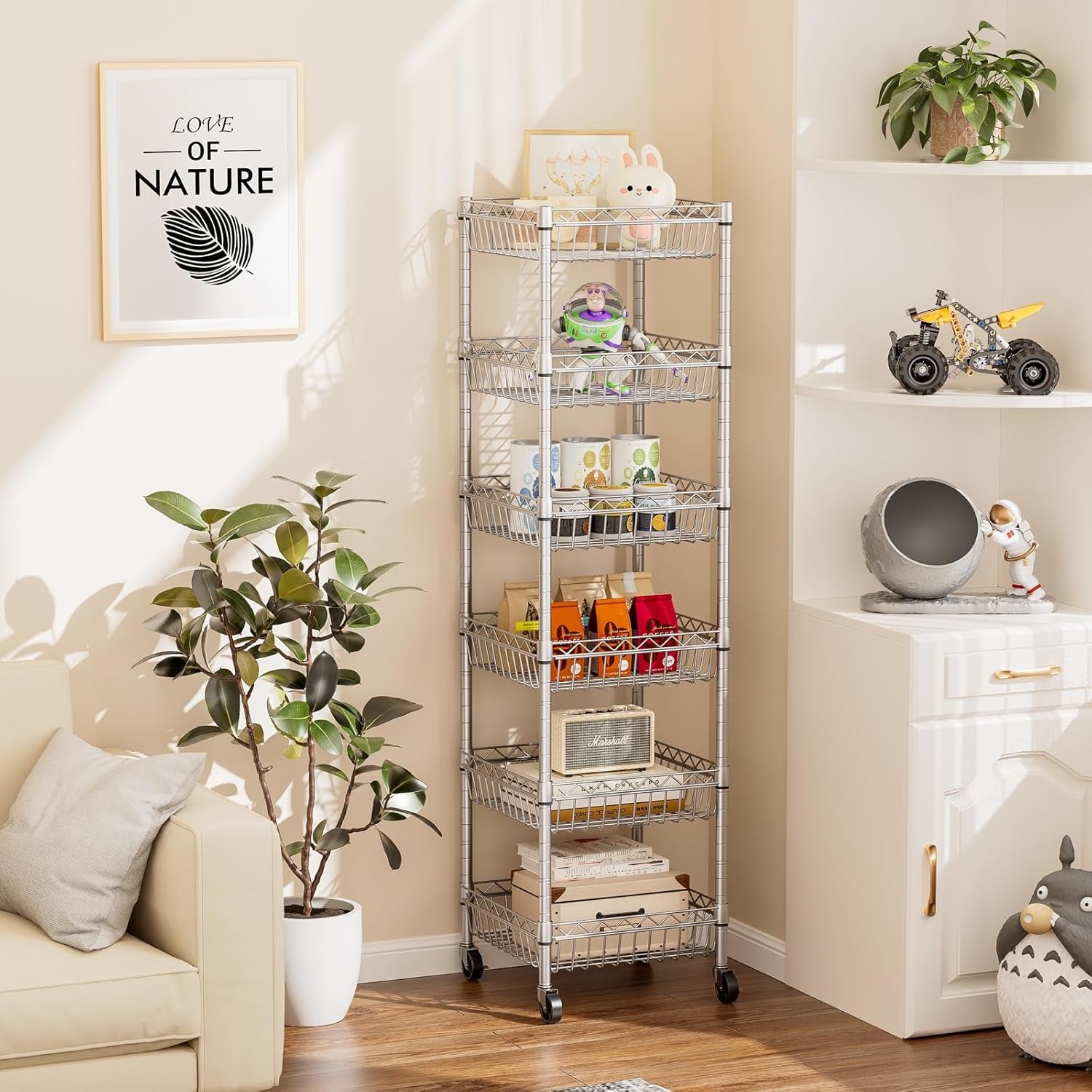 Adjustable Metal Wire Shelving Unit with Wheels for Kitchen, Laundry, and Pantry Organization - 13.5" D x 13.5" W x 63" H - Silver Finish