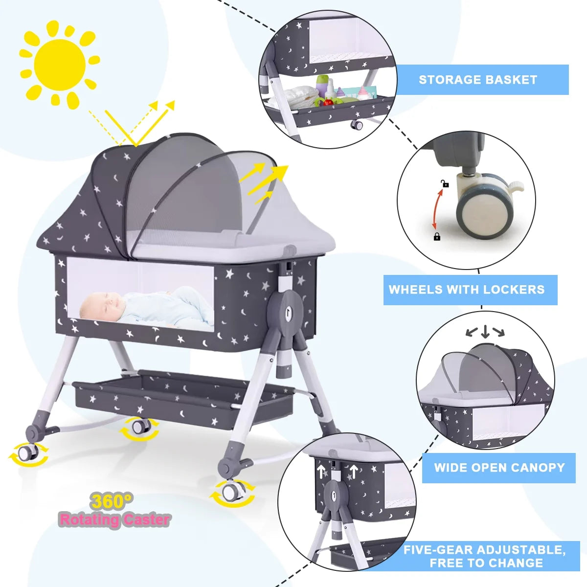 4-in-1 Adjustable Height Bedside Bassinet with Storage Basket in Black