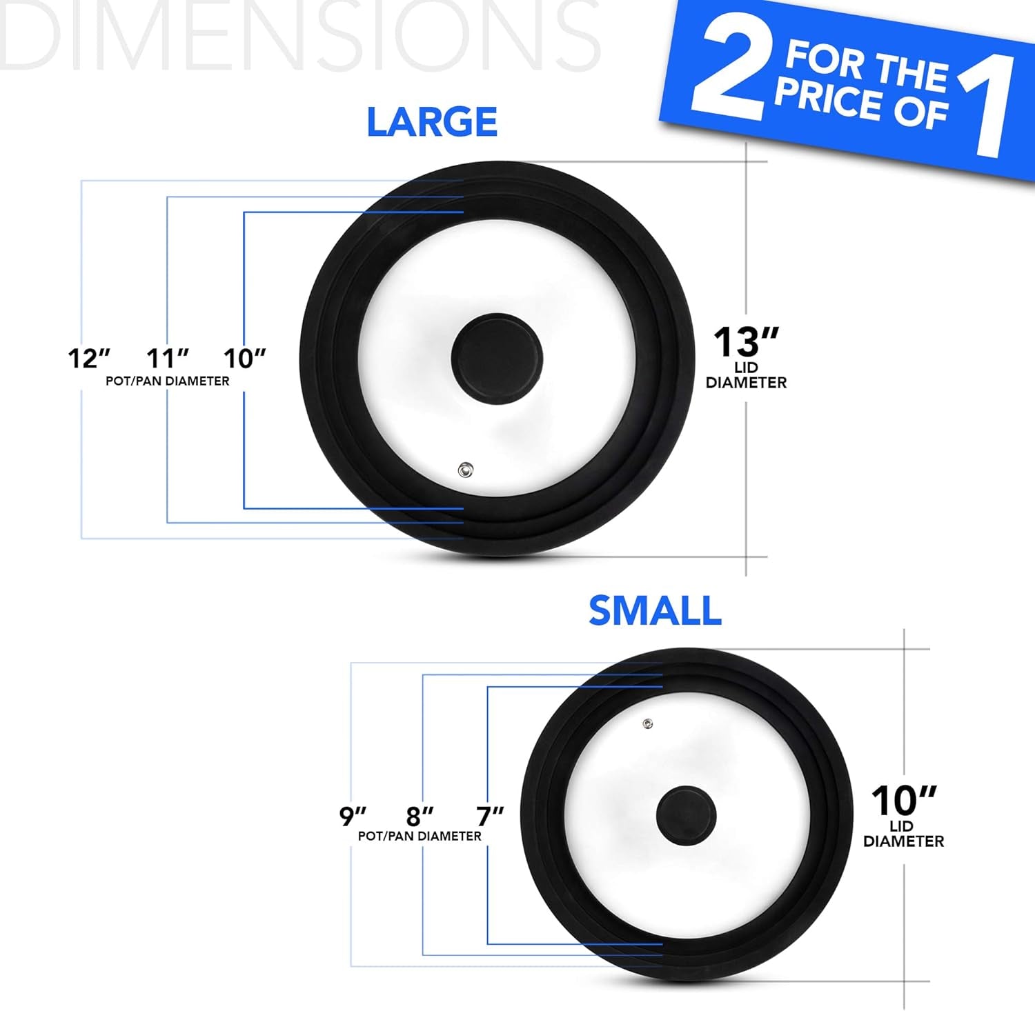 Universal Lids (Set of 2) Fits 7 to 12-Inch Cookware, Silicone Replacement Pan Lid, Glass Top Covers for Skillets, Pots, Frying Pans, Cast Iron, Crockpot - Black