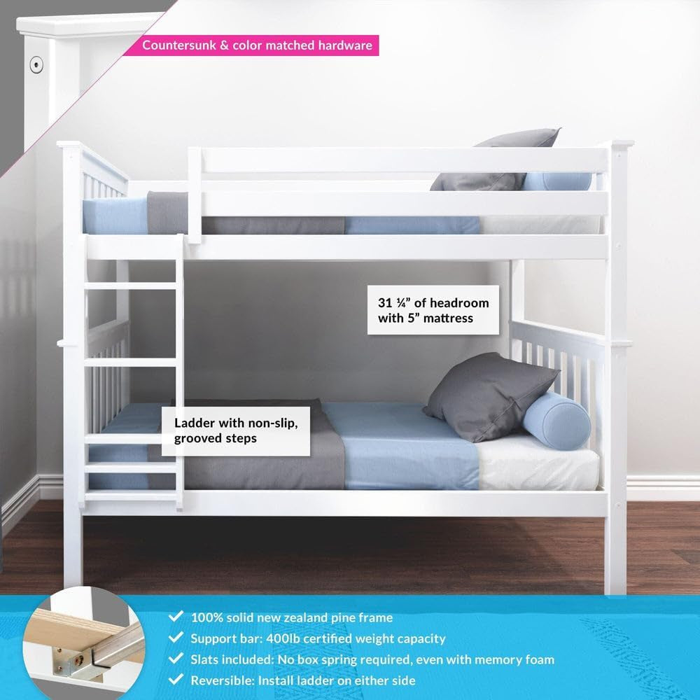 Twin Over Twin Solid Wood Bunk Bed Frame with Ladder and Safety Guardrails, Easy Assembly, No Box Spring Required, White Finish