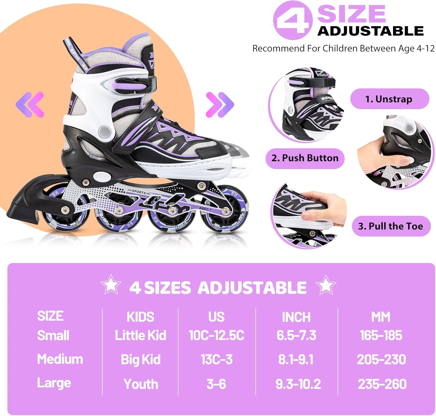 Cytia Adjustable Pink Inline Skates for Girls with Illuminated Wheels - Beginner Roller Skates for Kids