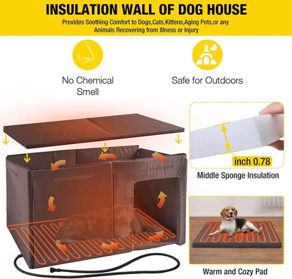 Extra Large Heated Dog House Outdoor Wooden Dog Kennel 59" Insulated with Heater All-Around Iron Frame