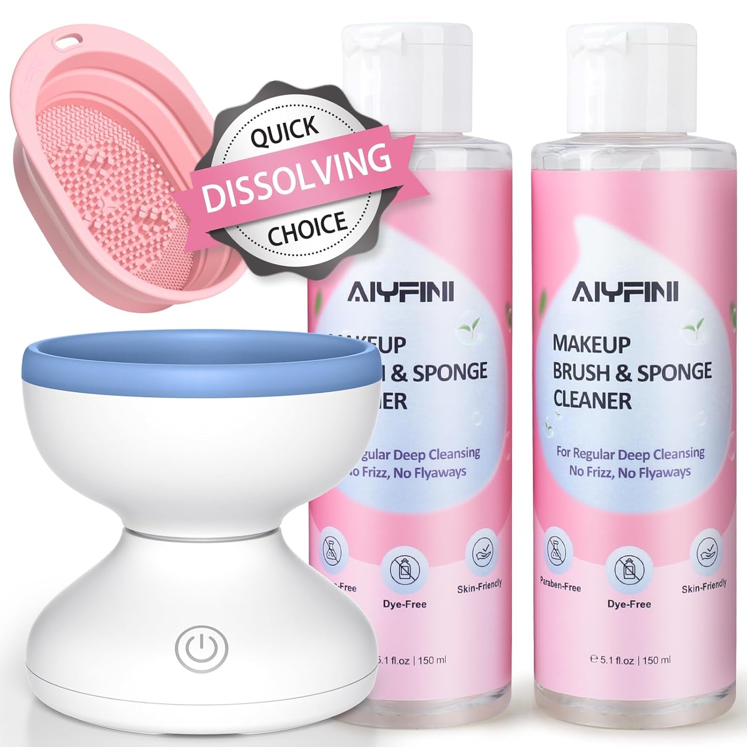 Makeup Cleaning Tool Kit - Electric Makeup Brush Cleaner Machine and Makeup Brush Sponge Cleaner Solution Concentrate, Foldable Silicone Bowl
