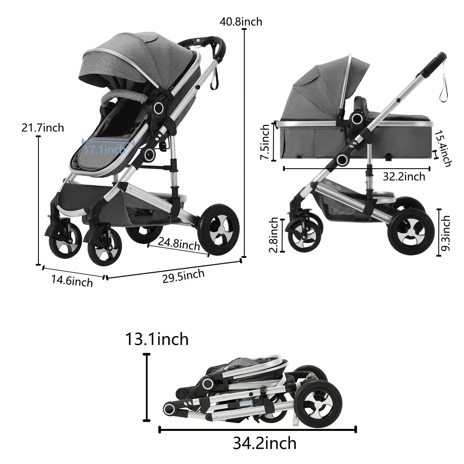 Convertible 3-in-1 Baby Stroller with Spacious Seating and Adjustable Canopy, 24 lbs, Dark Grey