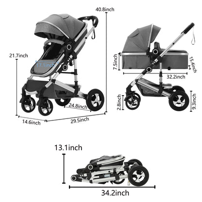 Convertible 3-in-1 Baby Stroller with Spacious Seating and Adjustable Canopy, 24 lbs, Dark Grey