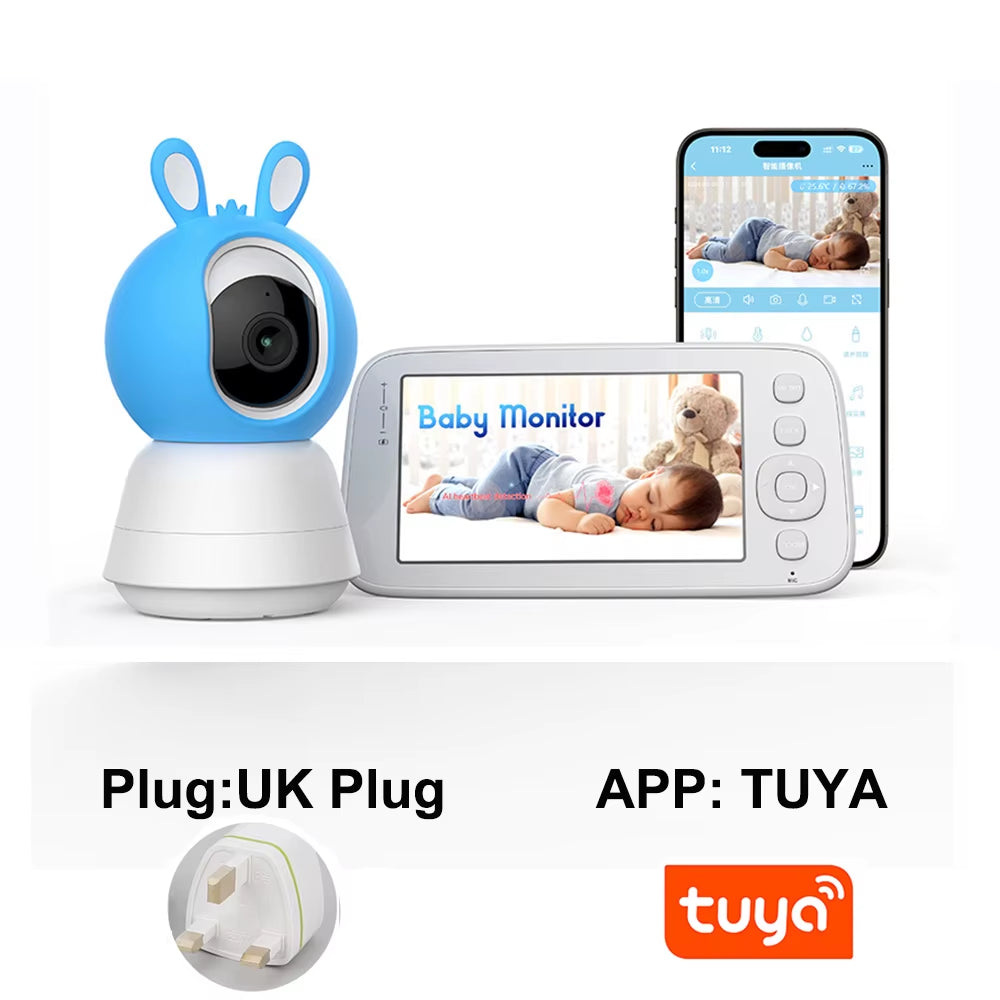 2K 4MP Tuya Smart Baby Monitor with 5-Inch Portable Display, Remote App Control, Cry Detection, Auto Night Vision, and Nanny Features
