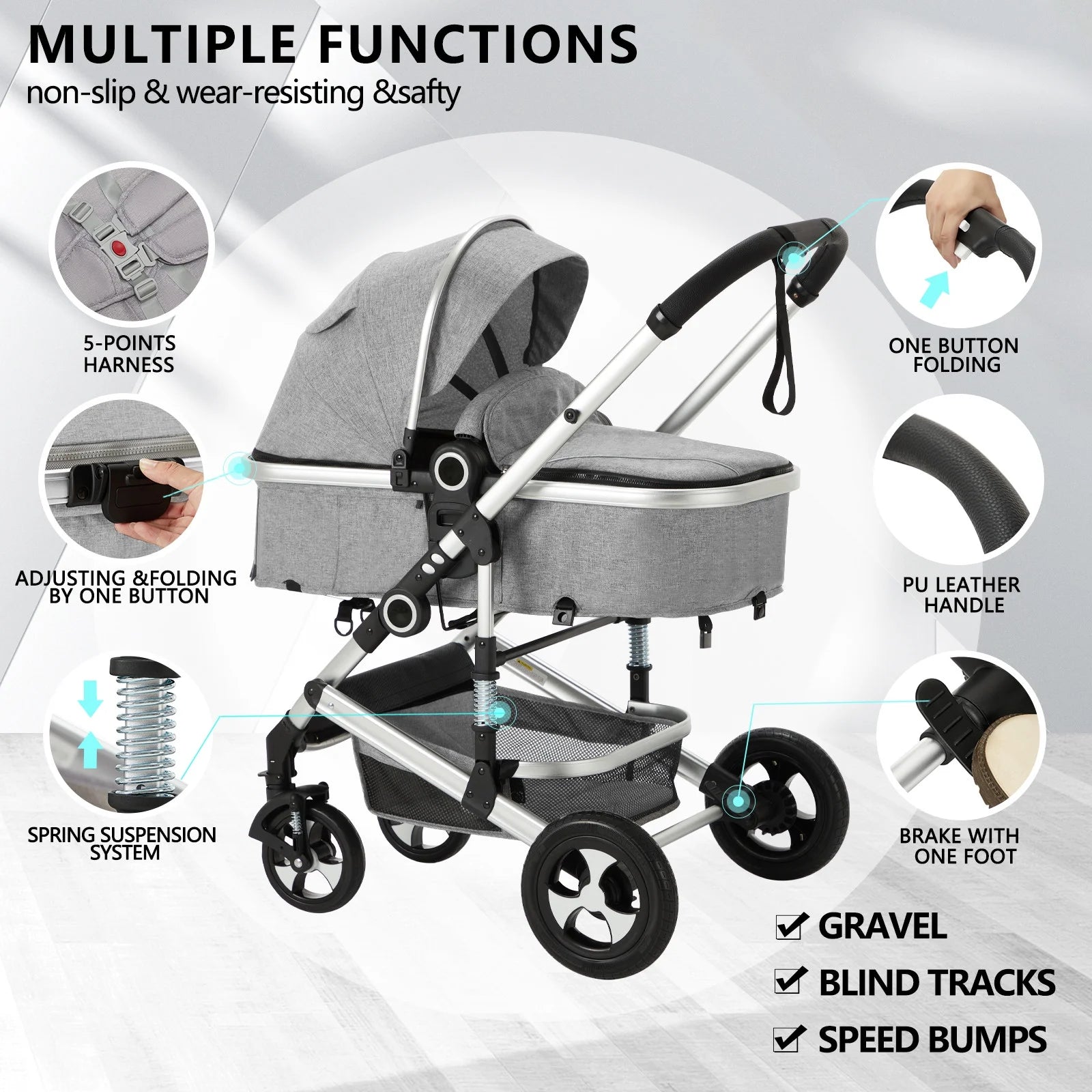 3-in-1 Convertible Baby Stroller with Spacious Seating, Adjustable Canopy, and Lightweight Design in Light Grey