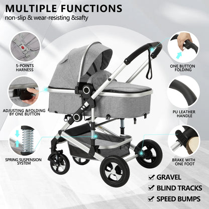 3-in-1 Convertible Baby Stroller with Spacious Seating, Adjustable Canopy, and Lightweight Design in Light Grey
