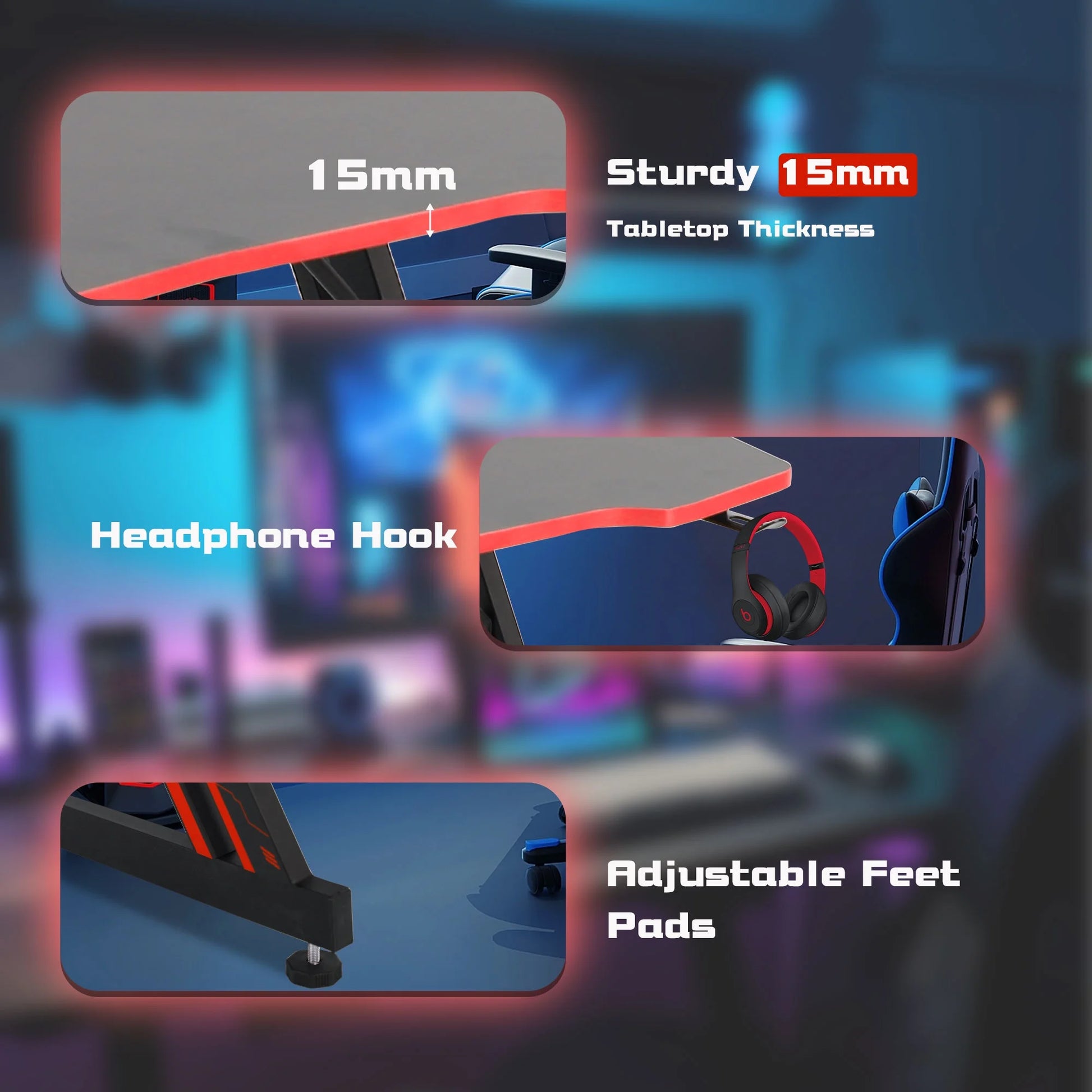 Ergonomic Z-Shaped Gaming Desk with Integrated Headphone Hook in Red