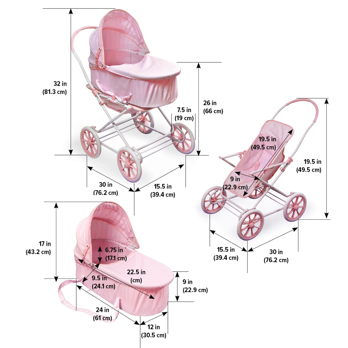 3-in-1 Pink Gingham Doll Pram, Carrier, and Stroller Set