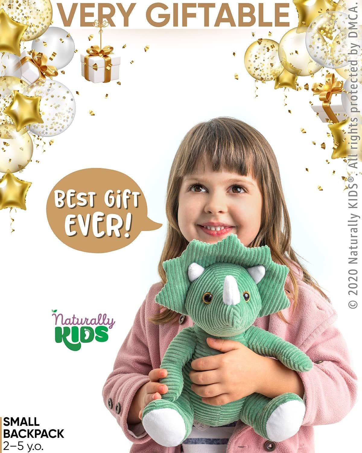 Green Triceratops Plush Stuffed Animal - Ideal Dinosaur Gift for Children Aged 3-5, Toddler Backpack for Boys and Girls