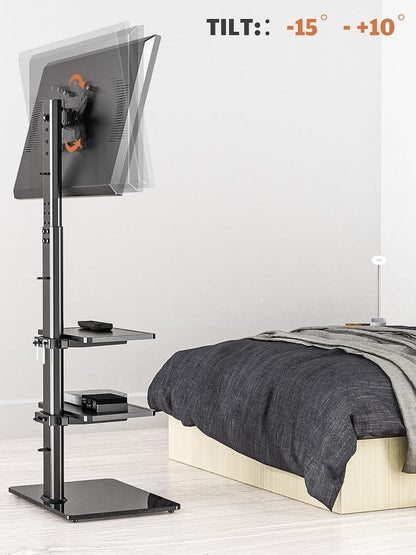 Universal Floor TV Stand with Mount for 19 to 43 Inch Flat Screen TV, 100 Degree Swivel,Adjustable Height and Tilt Function, 3 Shelves Space Saving Standing TV Mount for Bedroom Living Room Corner