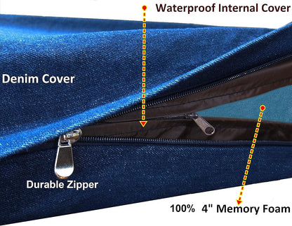Premium Orthopedic Memory Foam Dog Bed for Medium Large Dogs, Washable Durable Denim Cover, Waterproof and Extra External Pet Bed Case 37"X27"X4"