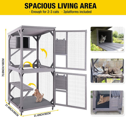 Cat House Outdoor Cat Catio Wooden Large Enclosure with Run on Wheels 70.9" Upgraded Version Catio with Reinforcement Strip,Waterproof Roof (Grey)