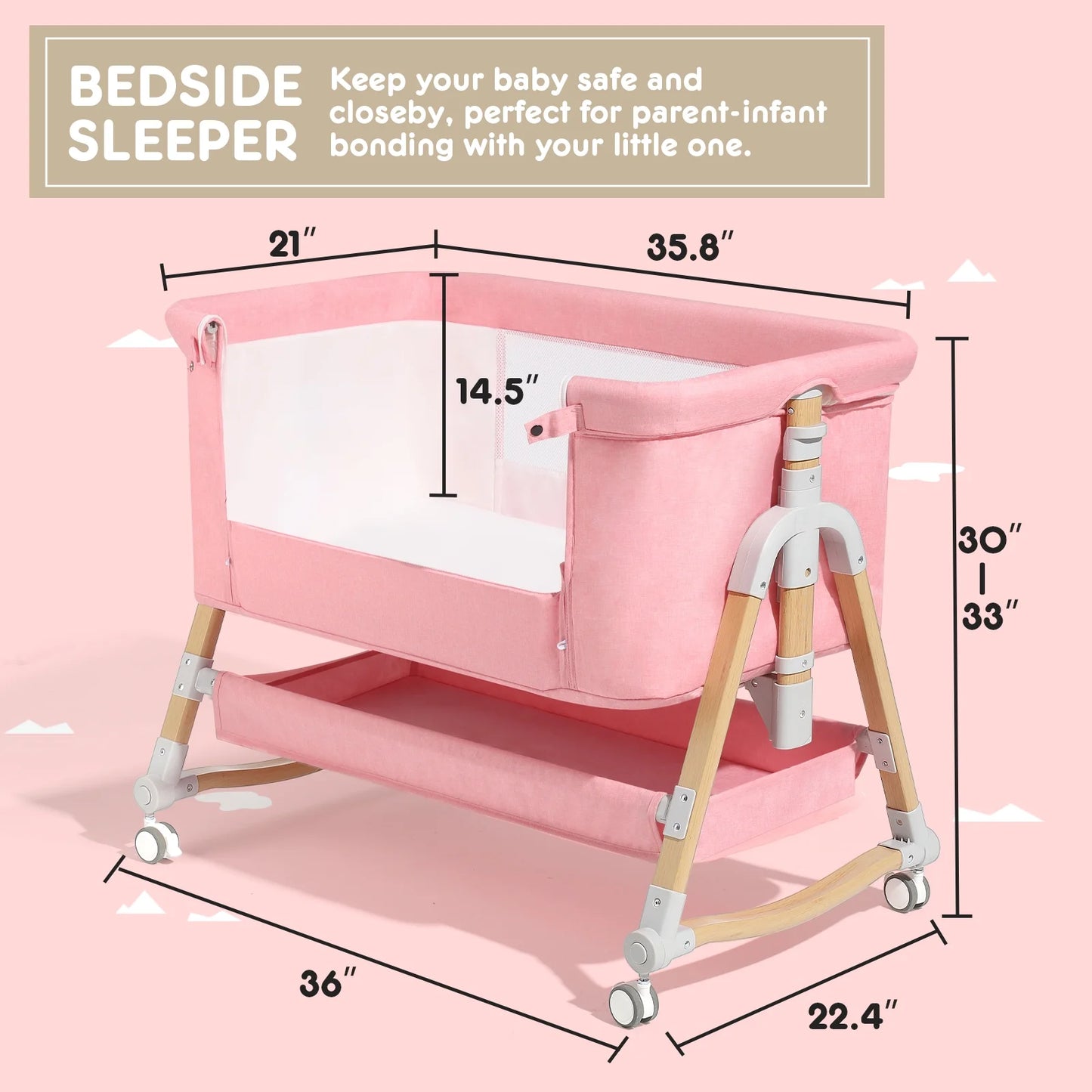 3-in-1 Infant Bassinet Bedside Sleeper for Newborns (0-5 Months) - Pink