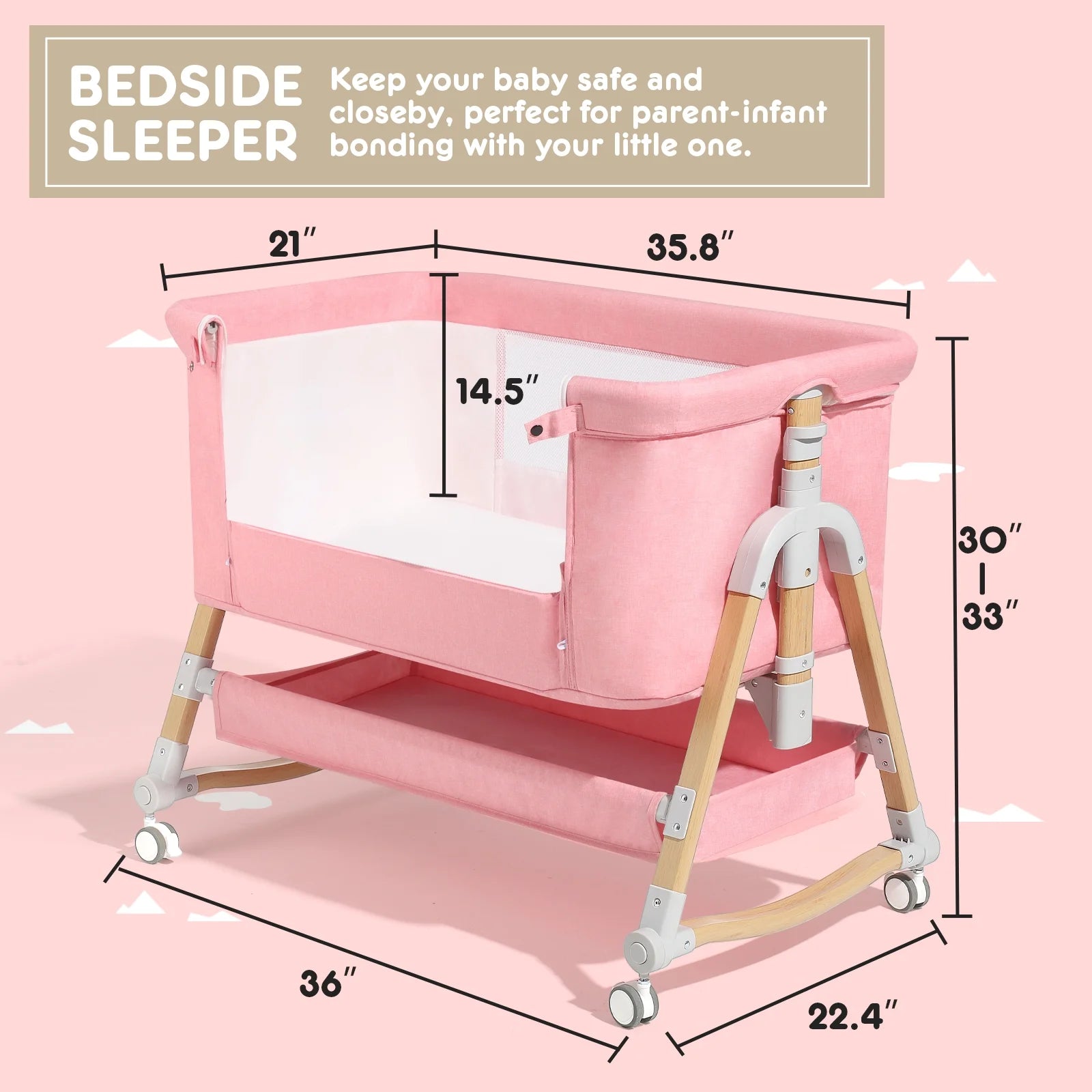 3-in-1 Infant Bassinet Bedside Sleeper for Newborns (0-5 Months) - Pink