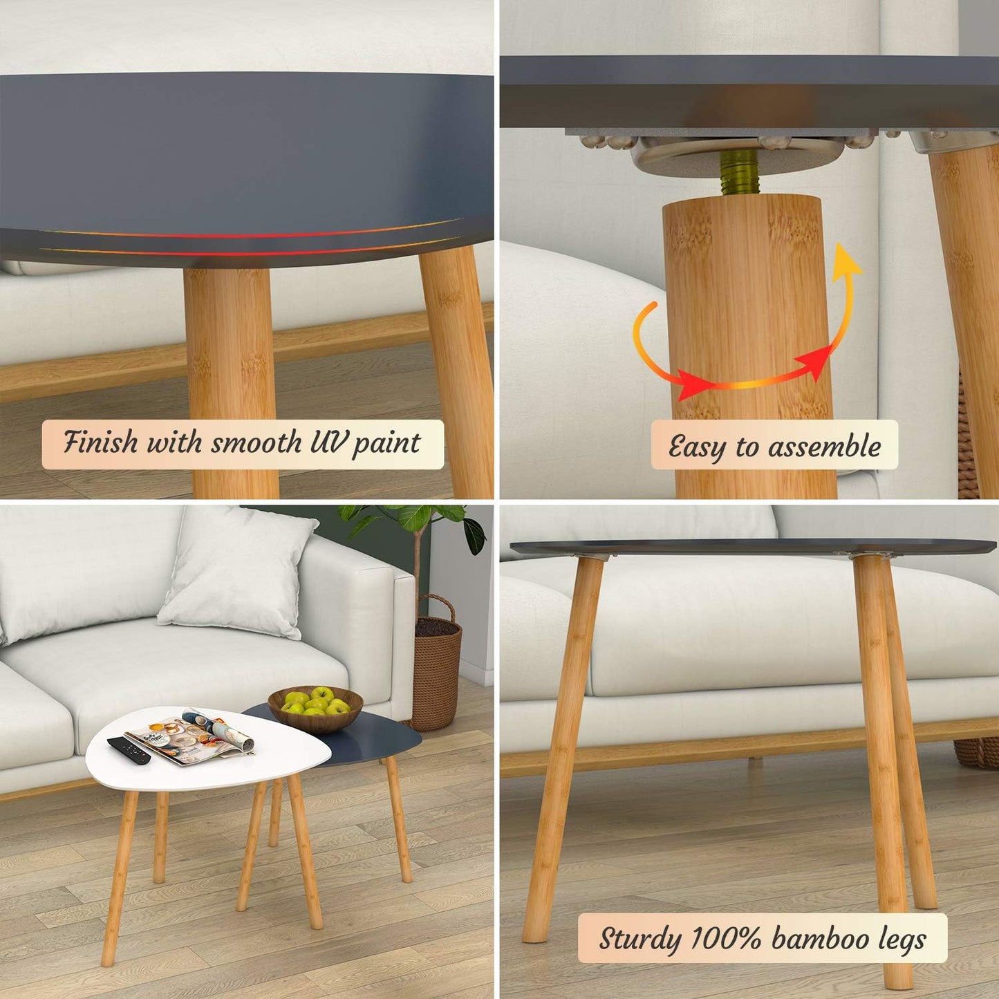 Bamboo Nesting Coffee Tables - Set of 2 Modern Triangle End Tables for Living Room, Bedroom, and Small Spaces (White & Gray)