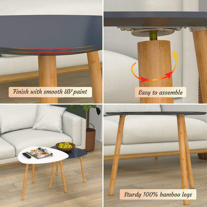 Bamboo Nesting Coffee Tables - Set of 2 Modern Triangle End Tables for Living Room, Bedroom, and Small Spaces (White & Gray)