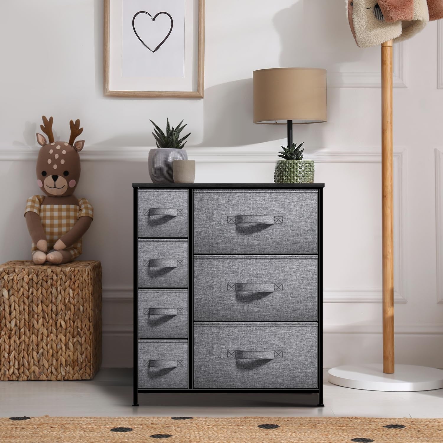 7-Drawer Dresser - Multi-Functional Chest Organizer with Steel Frame, Wooden Top, and Fabric Bins for Bedroom, Hallway, Closet, and Office Storage Solutions