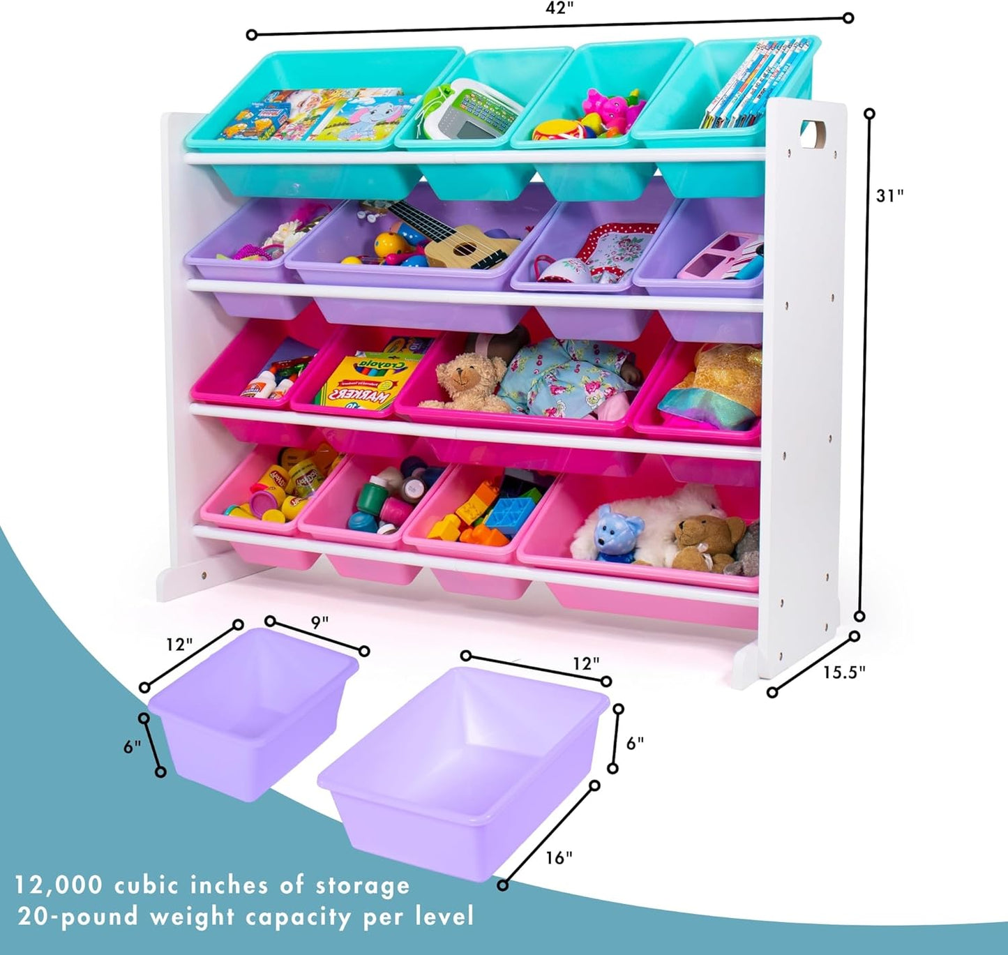 Large Toy Storage Organizer with 16 Removable Bins in White, Blue, Pink, and Purple - Ideal for Toddlers' Rooms, Playrooms, and Nurseries - Modern Design for Effective Toy Organization