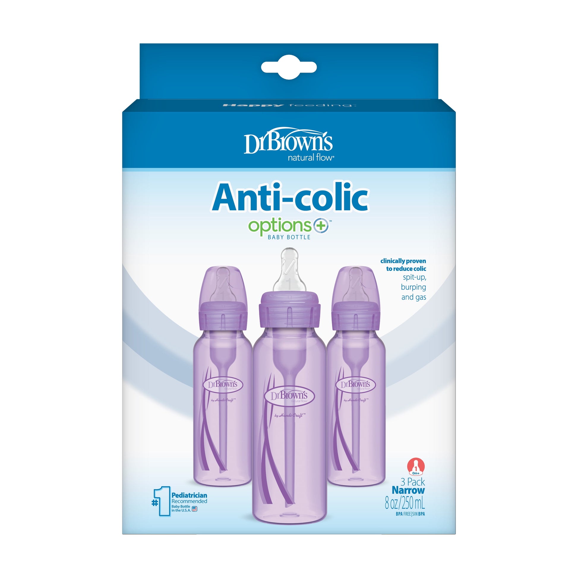 Natural Flow Anti-Colic Options+ Narrow Baby Bottles, Purple, 8 oz, Slow Flow, Suitable for Newborns, Set of 3