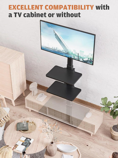 Universal Floor TV Stand with Mount for 19 to 43 Inch Flat Screen TV, 100 Degree Swivel,Adjustable Height and Tilt Function, 3 Shelves Space Saving Standing TV Mount for Bedroom Living Room Corner