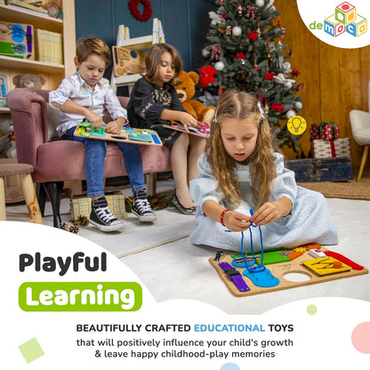 Premium Wooden Sensory Busy Board for Toddlers Aged 1-3, Featuring 10 Educational Activities to Enhance Fine Motor Skills and Ideal for Travel