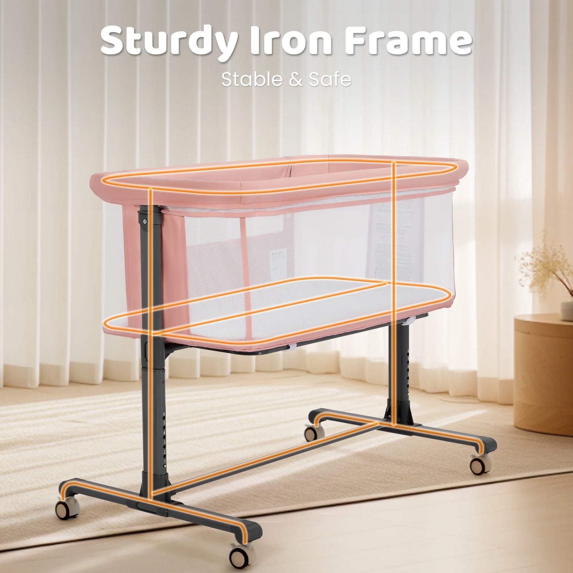 Height Adjustable Baby Bassinet with Wheels - Pink Co-Sleeper for Newborns