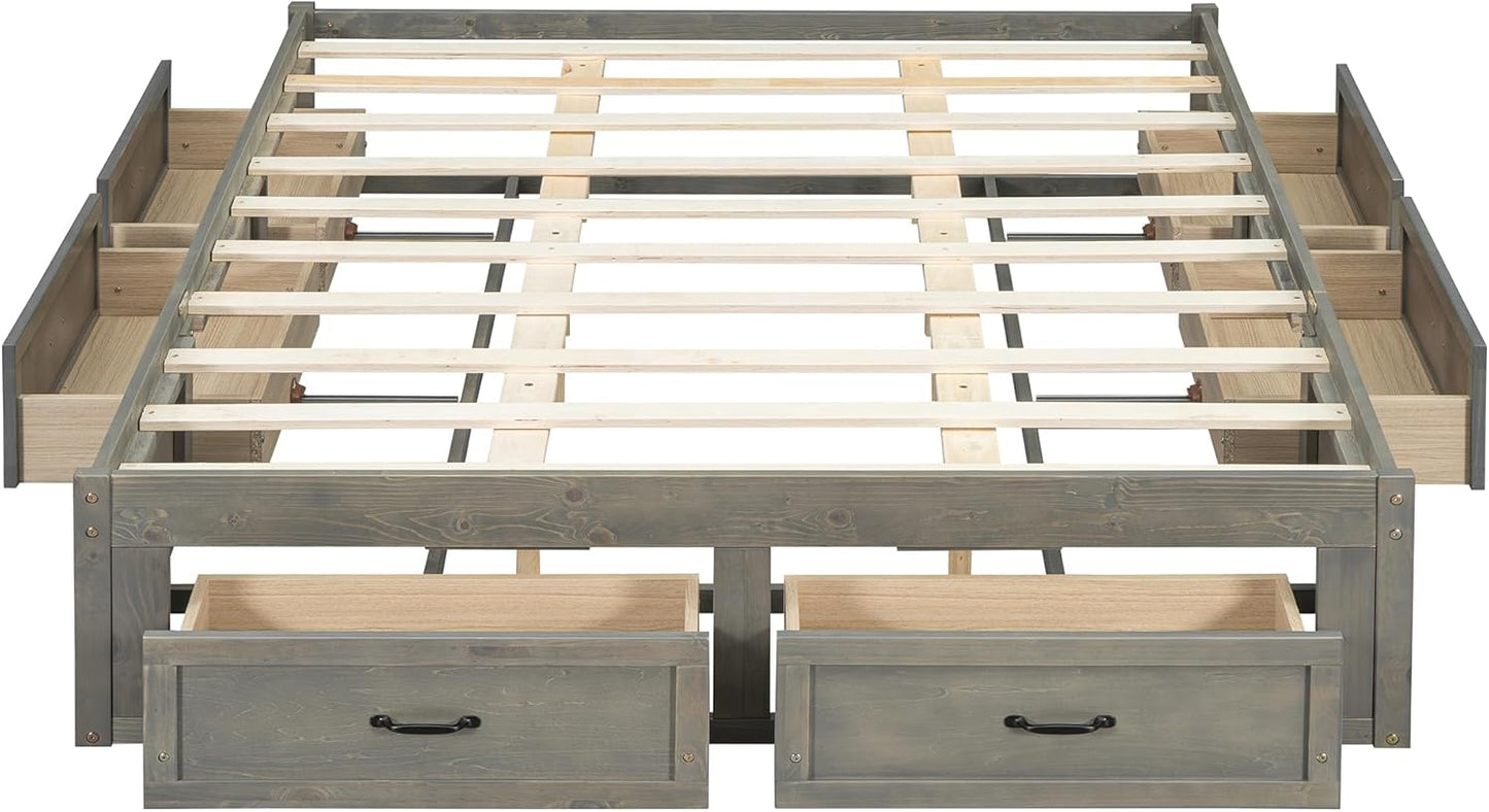 Queen Size Platform Bed, Wooden Queen Bed with 6 Storage Drawers, Antique Gray