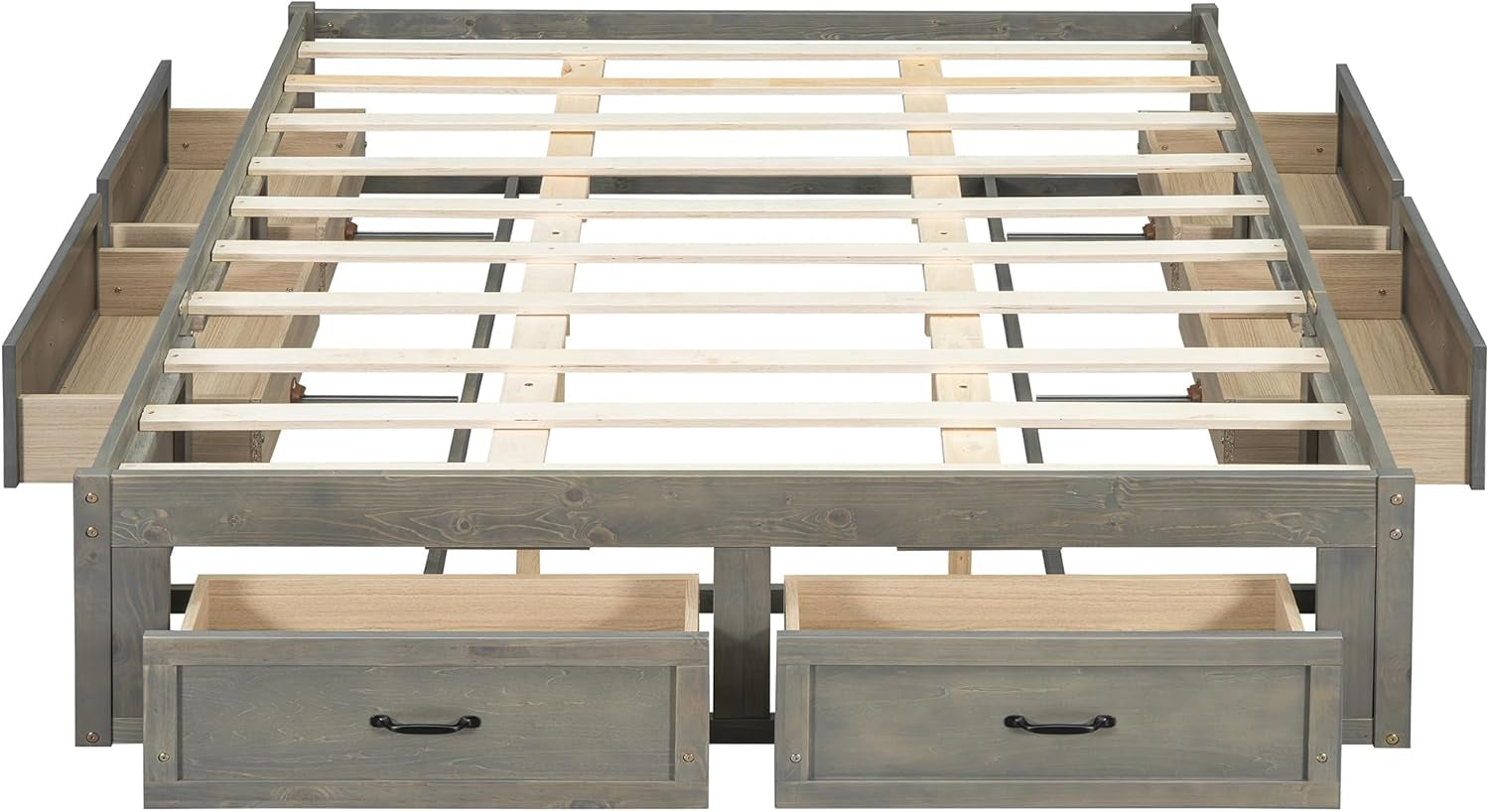 Queen Size Platform Bed, Wooden Queen Bed with 6 Storage Drawers, Antique Gray