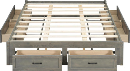 Queen Size Platform Bed, Wooden Queen Bed with 6 Storage Drawers, Antique Gray