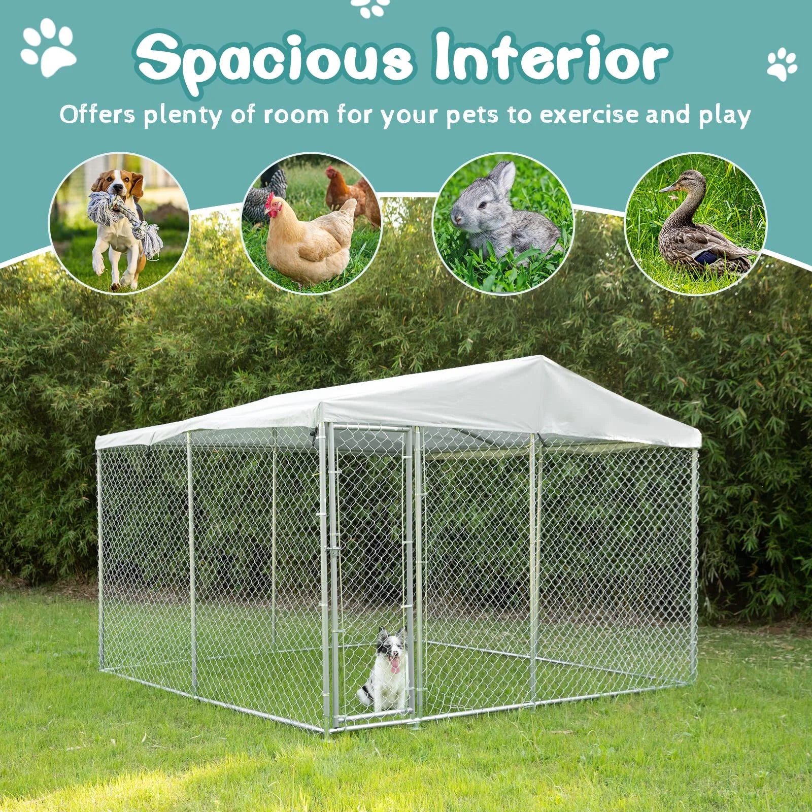 Large Outdoor Dog Kennel, Heavy Duty Dog House Playpen Galvanized Steel Pet Fence with Fully Enclosed Waterproof Uv-Resistant Cover, Stainless Steel Zip Ties and Secure Lock