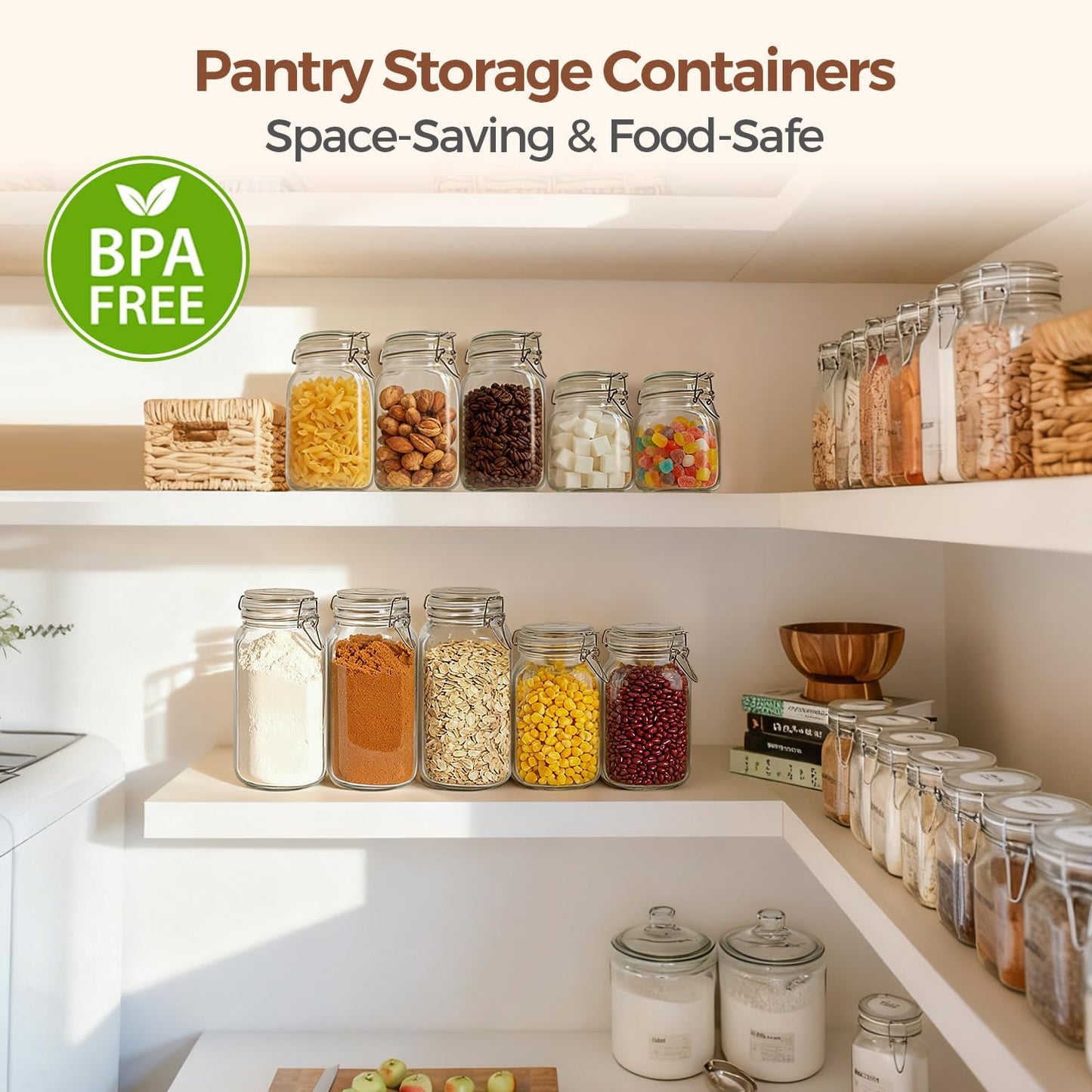 Airtight Glass Canister Set of 3 with Lids 34Oz Food Storage Jar Square - Storage Container with Clear Preserving Seal Wire Clip Fastening for Kitchen Canning Cereal,Pasta,Sugar,Beans,Spice