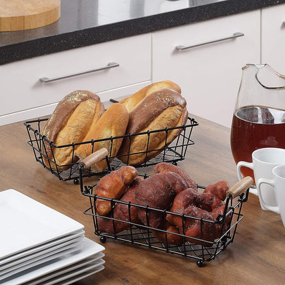 2-Tier Rectangle Countertop Fruit, Bread Wire Basket (Black, Metal)