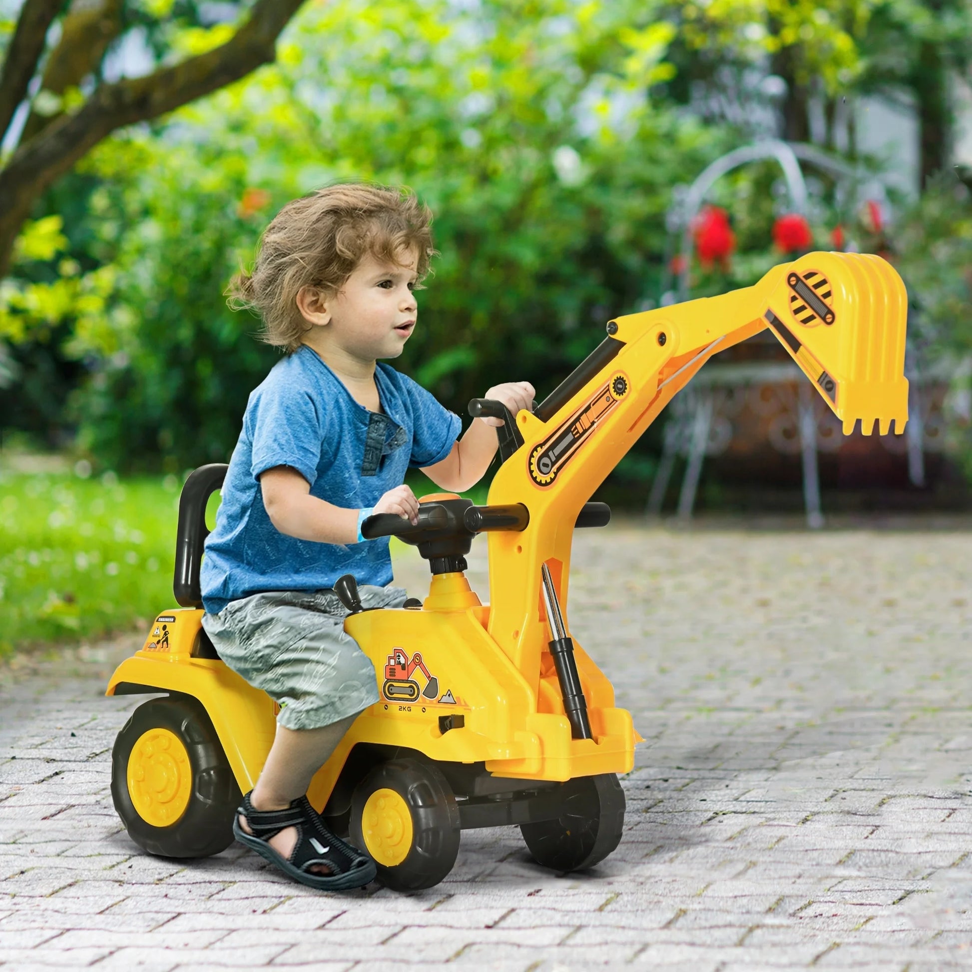 3-in-1 Ride-On Toy Excavator Digger, Scooter, and Pulling Cart for Pretend Play Construction Activities