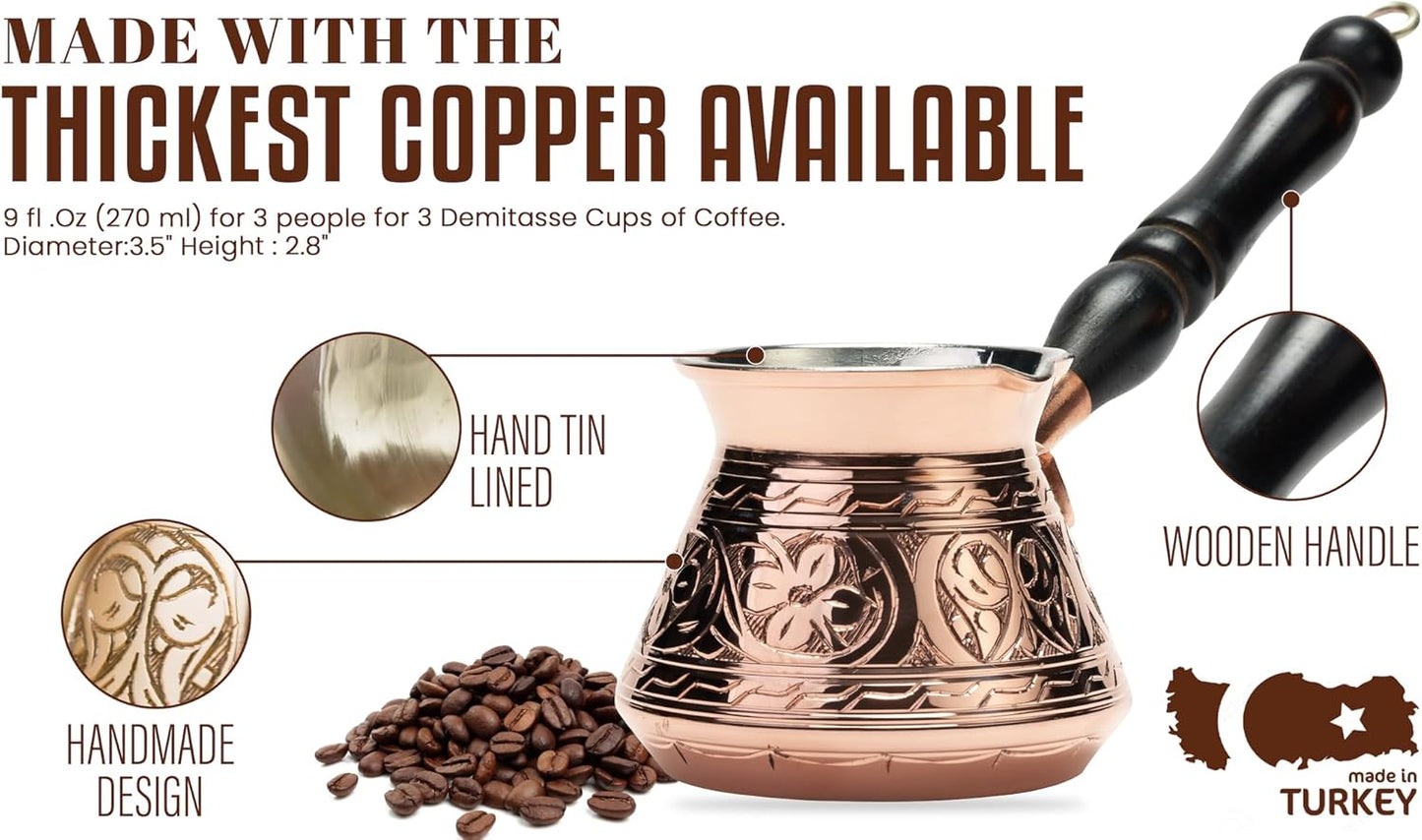 Thickest Copper Turkish Greek Arabic Coffee Pot, Stovetop Coffee Maker, Cezve Ibrik Briki with Wooden Handle & Spoon, Hand Engraved (Matte Copper, 9 Ounces)