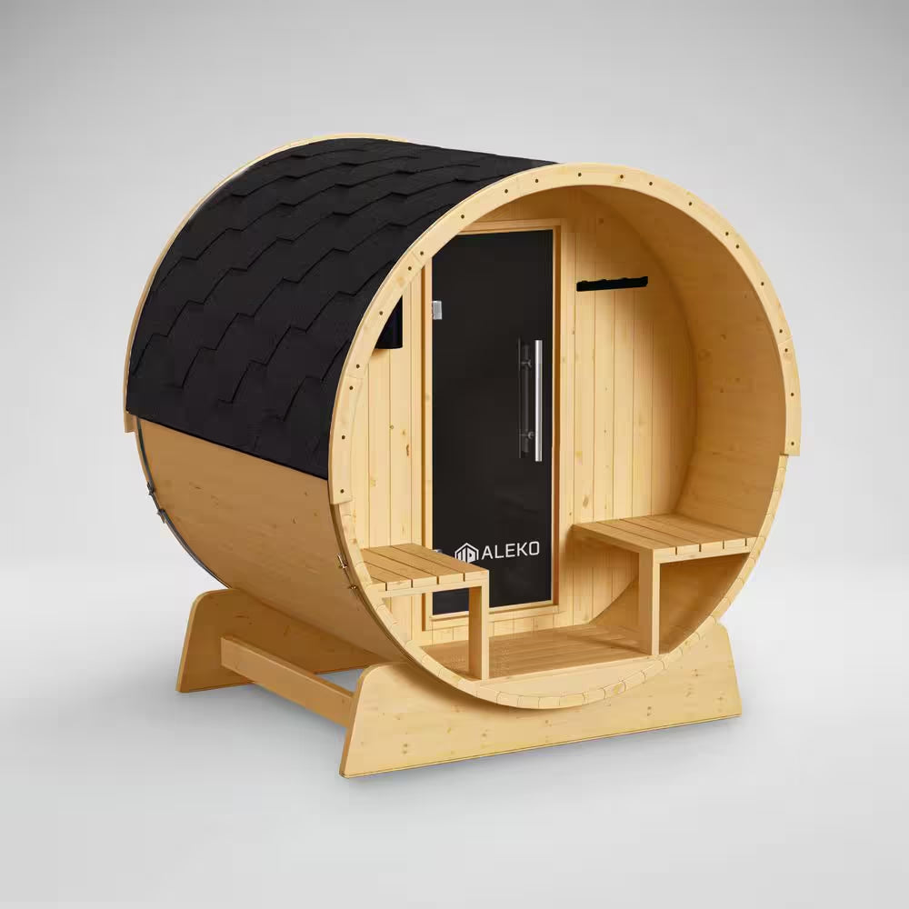 Finland Pine Wet/Dry Barrel Sauna for 3-5 Persons with Front Porch Canopy and 4.5 kW ETL Certified Bitumen Shingle Roof