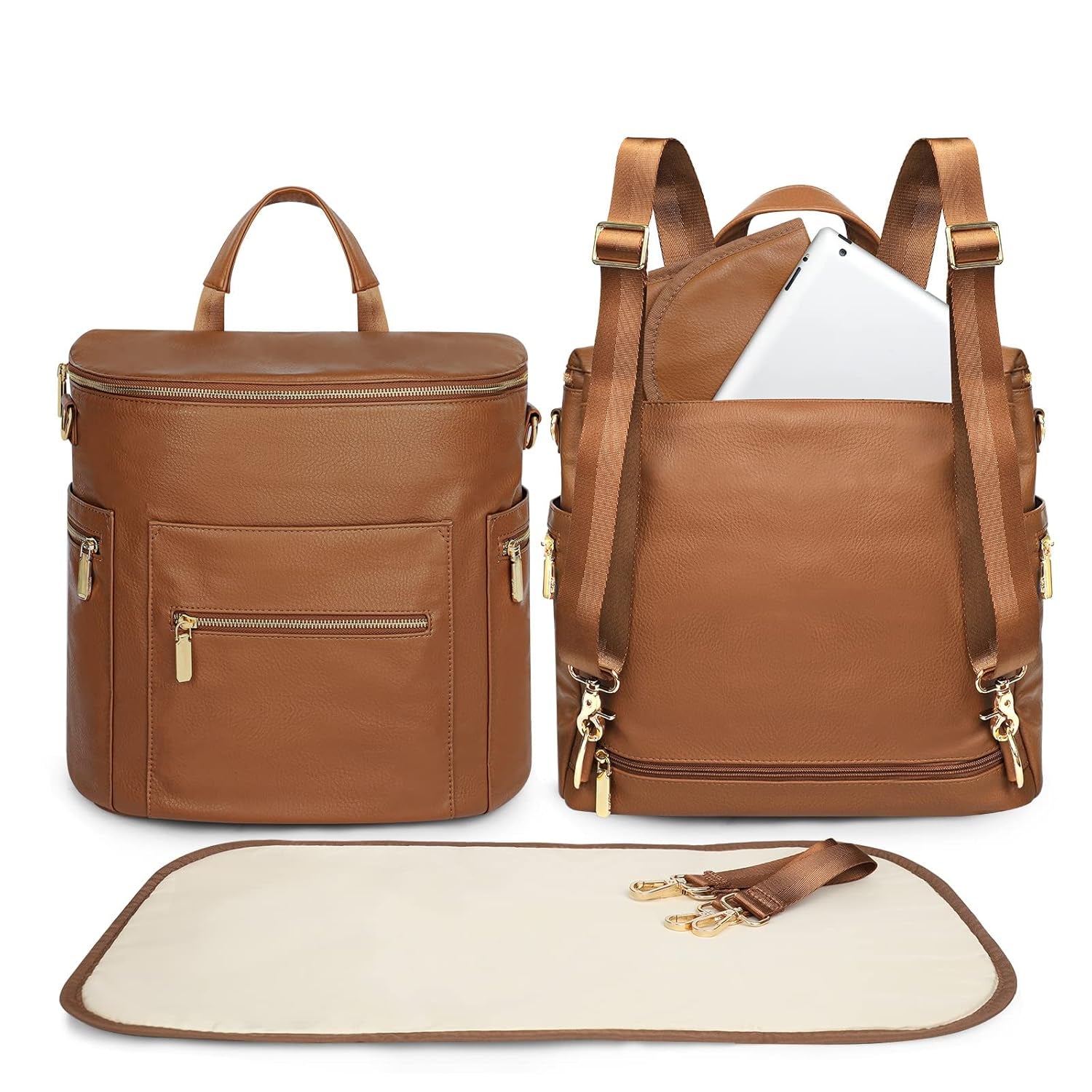 Luxury Leather Diaper Bag Backpack with Changing Pad, Stroller Straps, and Insulated Pockets - Convertible Design in Brown