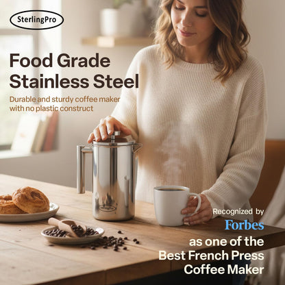 Stainless Steel French Press Coffee Maker Large 1.5 L(51 Oz) Mirror – Durable Double Walled Insulated Coffee Press Keeps Drinks Hot, Easy to Use and Clean Stylish Design for Rich Flavor
