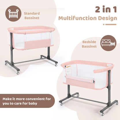 Height Adjustable Baby Bassinet with Wheels - Pink Co-Sleeper for Newborns