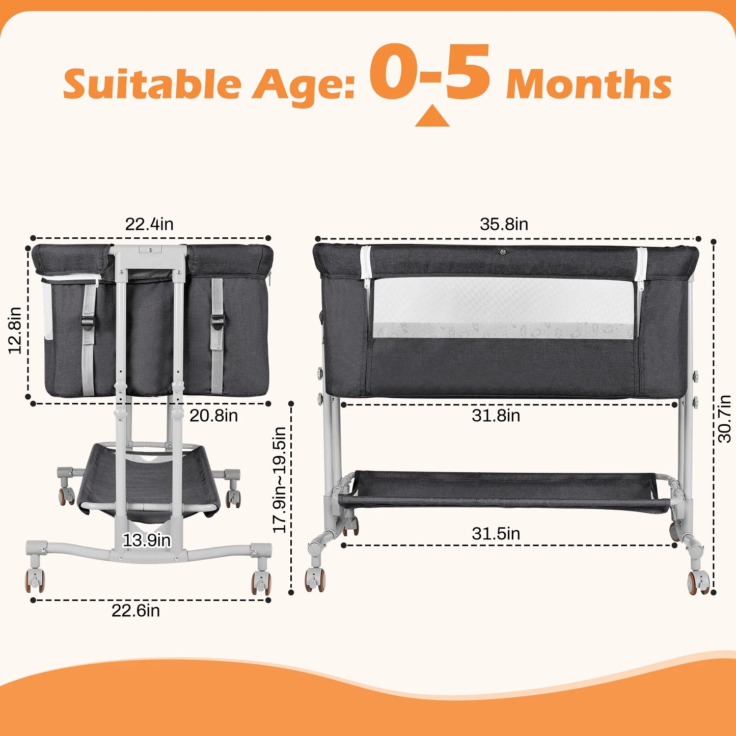 Bassinet Bedside Sleeper for Infants (0-5 Months) - Unisex Dark Gray