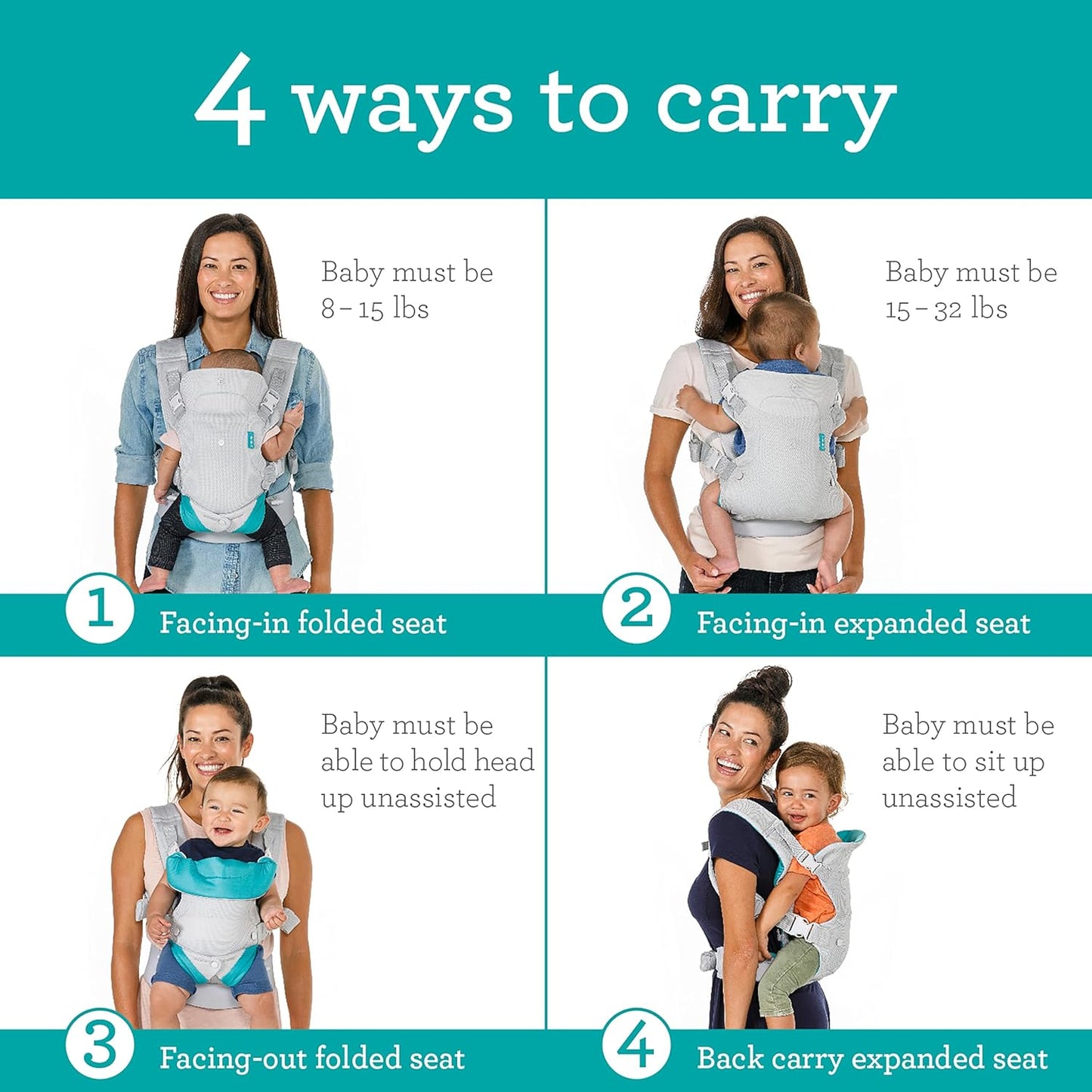 4-in-1 Adjustable Ergonomic Baby Carrier for Newborns to Toddlers - Light & Airy Convertible Design, Essential for Baby Registries