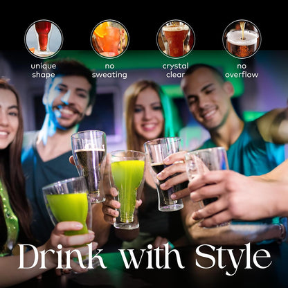 Beer Glasses - 13.5 Oz Clear Double Wall Insulated Beer Glass Set of 2 - Upside down Design - Holds One Full Bottle - Freezer Safe