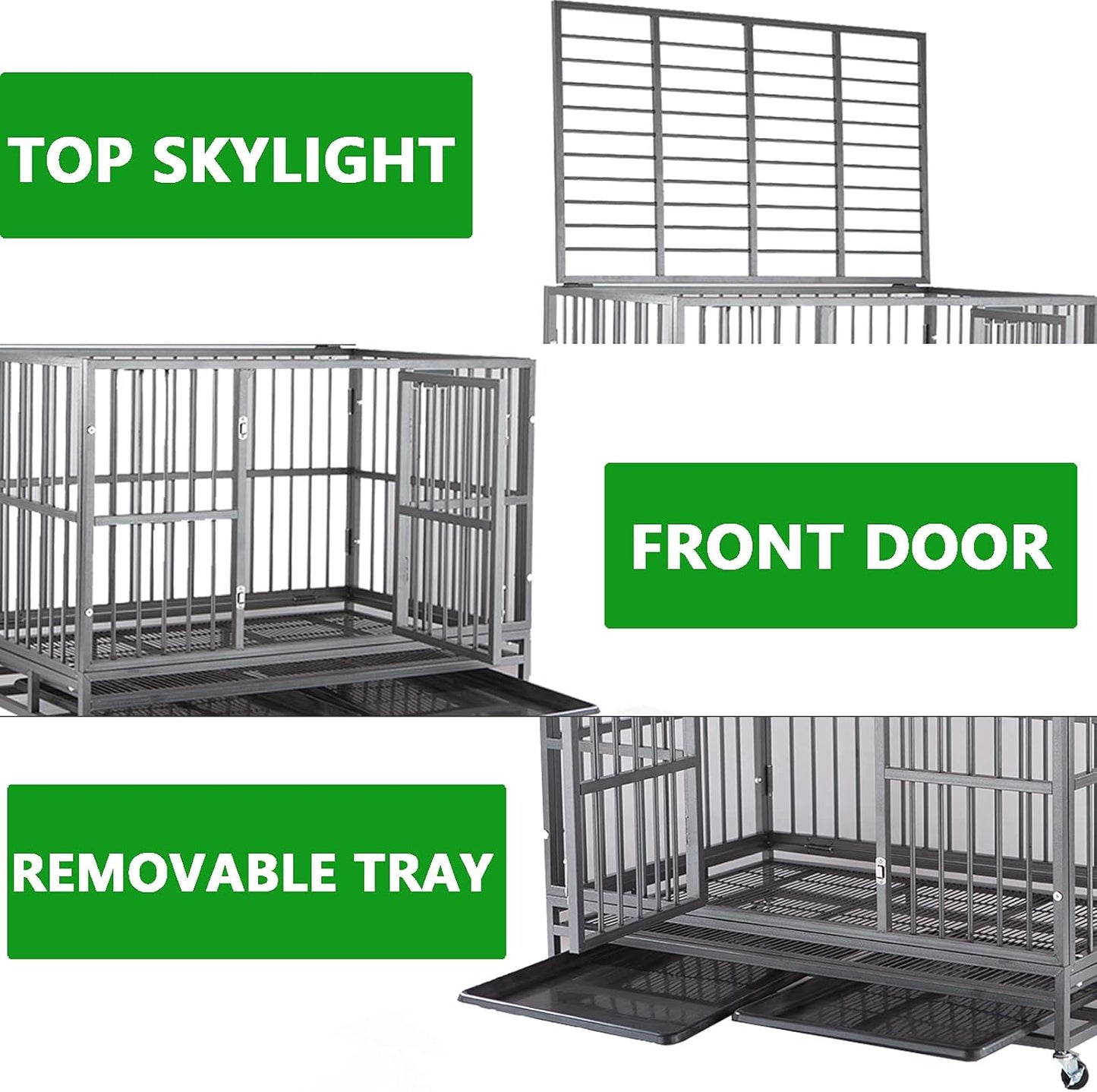 46-Inch Heavy-Duty Indestructible Dog Crate with Wheels, Escape-Proof Kennel for Large Dogs, Extra Large XXL Indoor Dog Crate with Secure Lock and Double Door Removable Tray